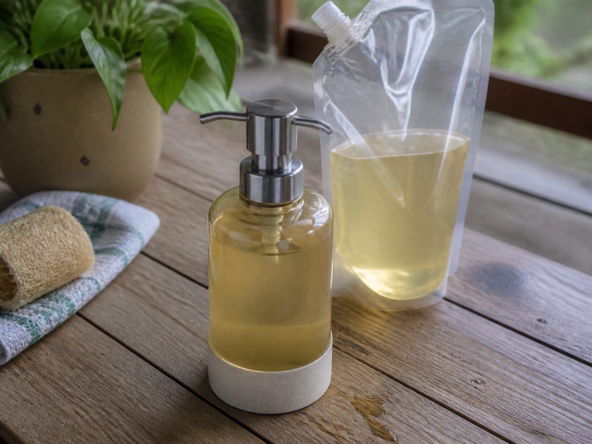 Refillable soap bottle with related small tools and materials nearby