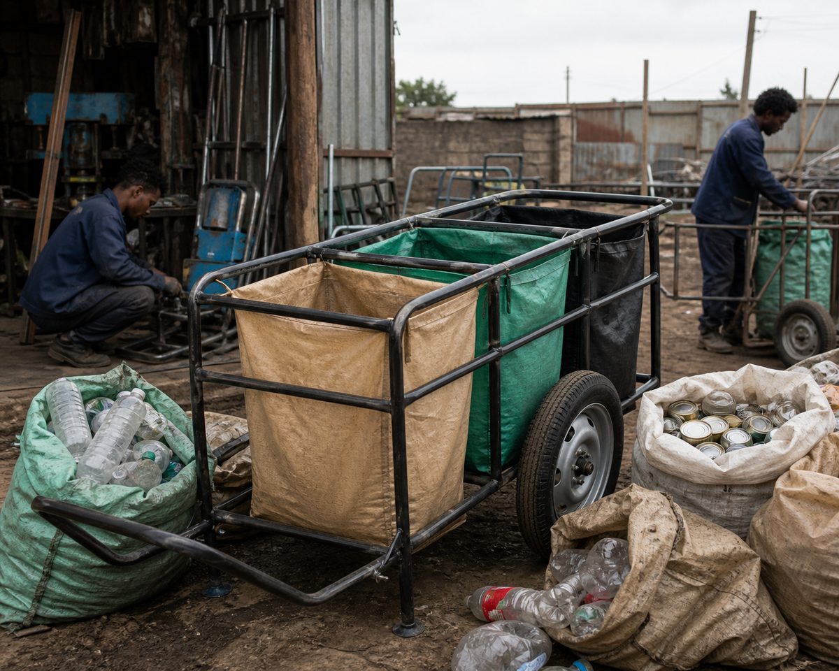 Neighborhood recycling cart shown inside a working local workshop