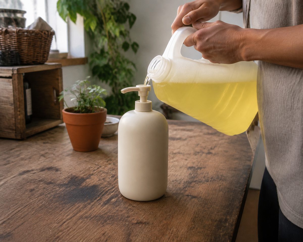 Refillable soap bottle shown in a household setting in Mexico