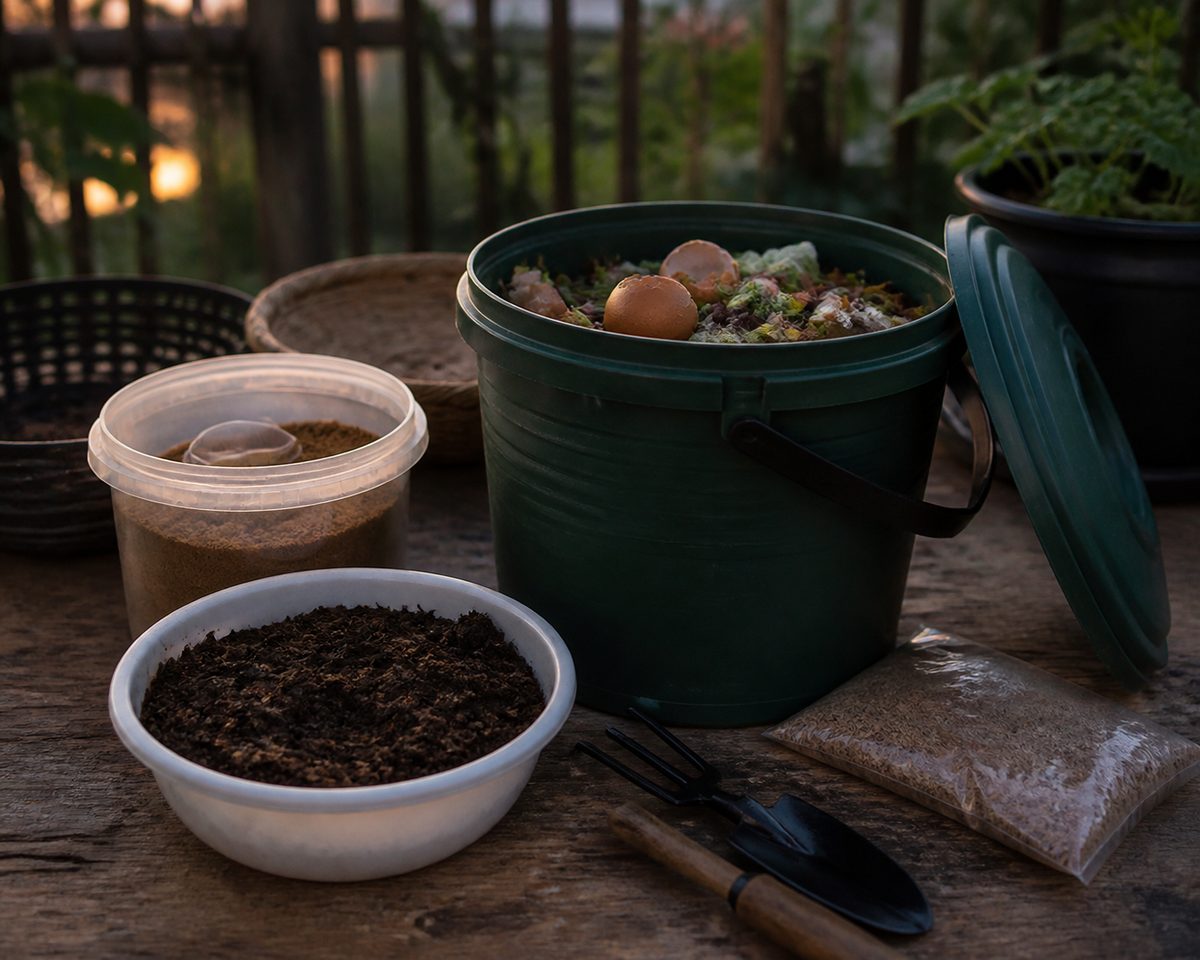 Composting starter shown in a household setting in Indonesia