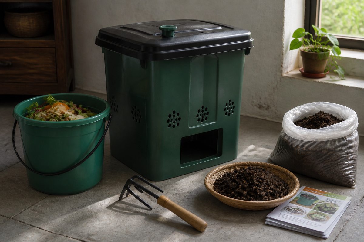 Composting starter with related small tools and materials nearby