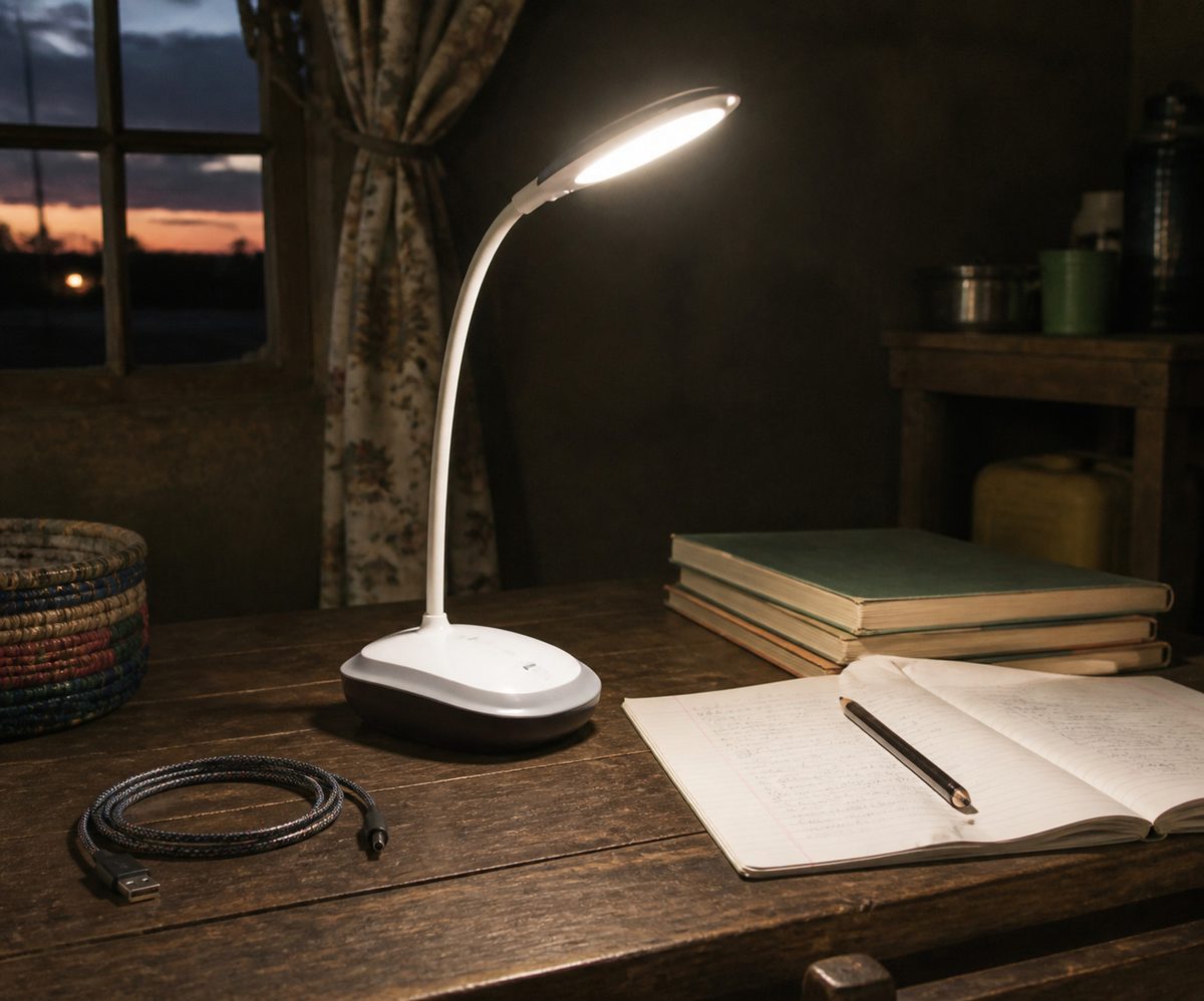 Rechargeable reading light with related tools and materials nearby