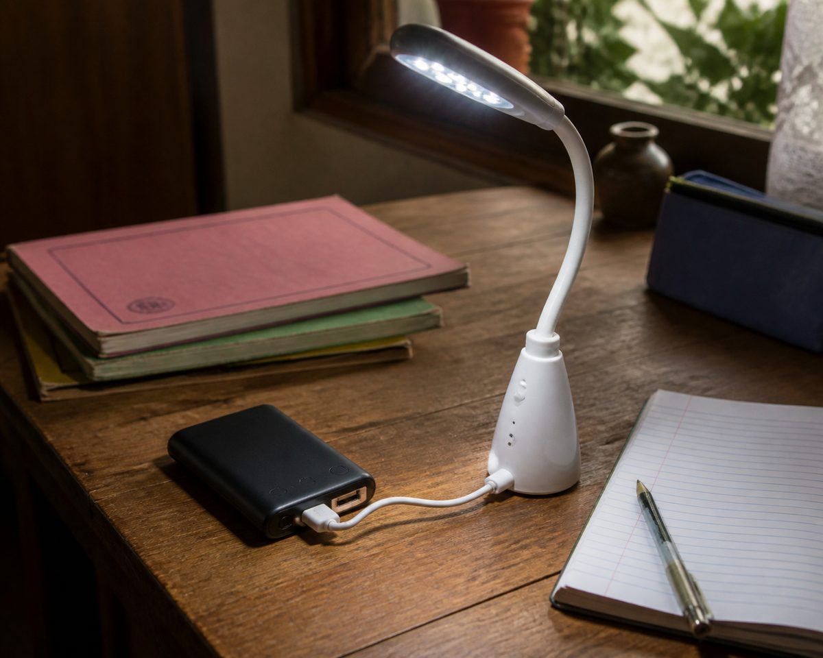 Rechargeable reading light with related small tools and materials nearby