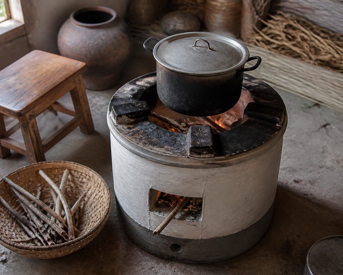 Efficient cookstove with related small tools and materials nearby