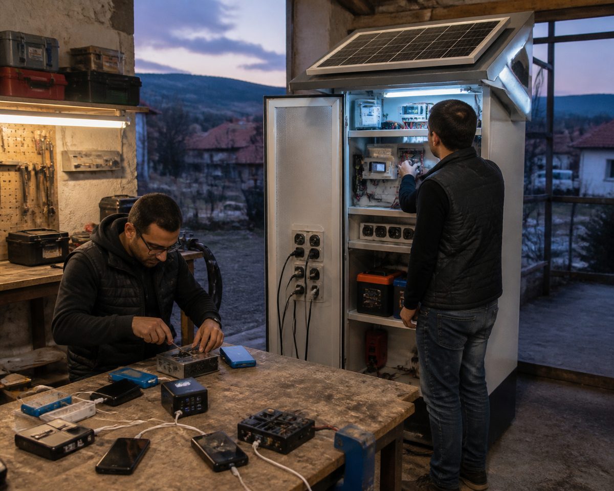 Village charging station with practical materials at a small worksite