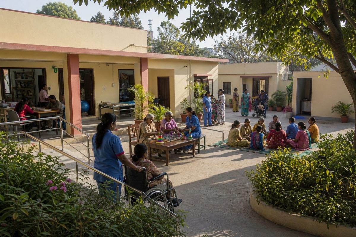 Neighborhood care center shown at a village service point in India