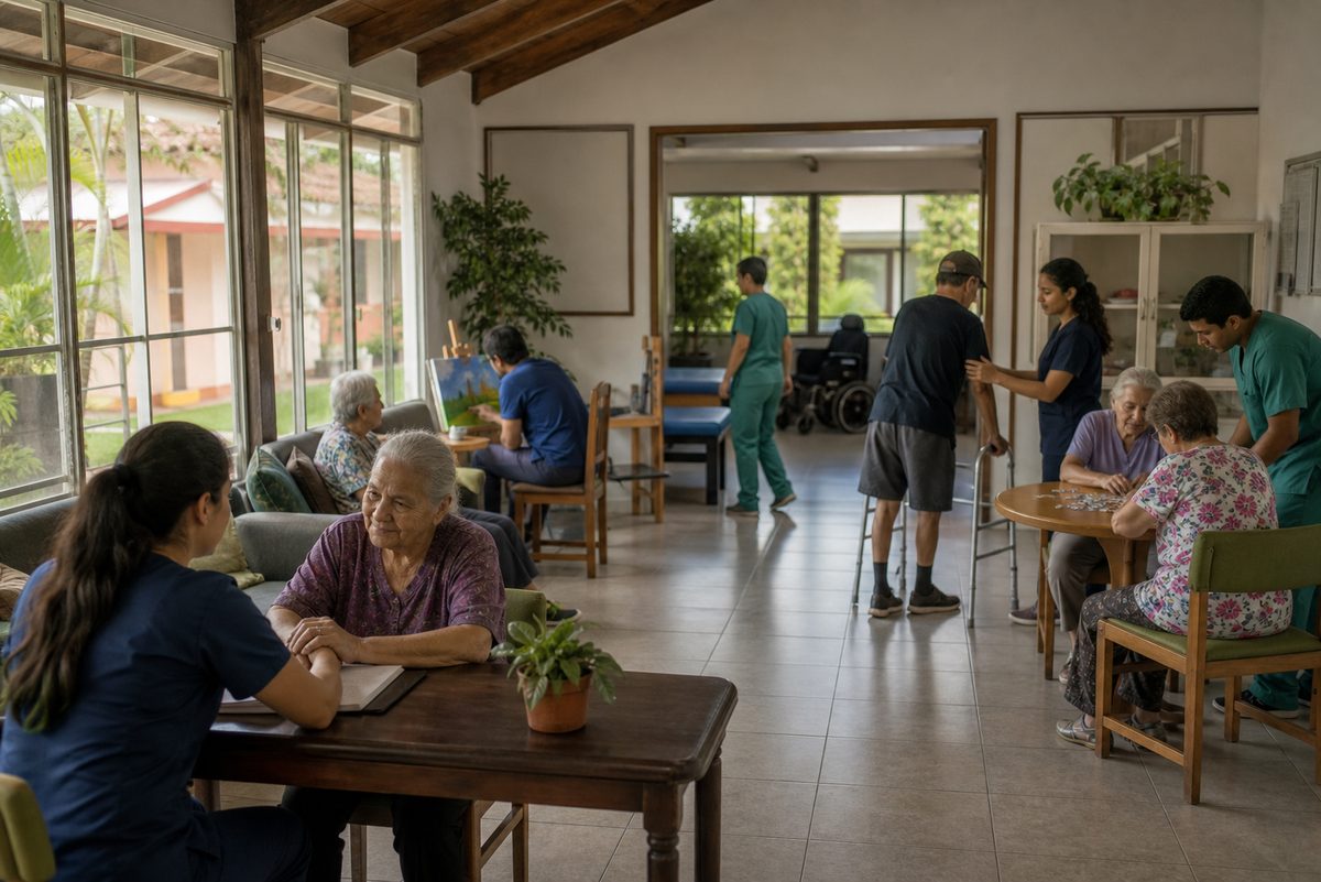 Neighborhood care center arranged around a shared operations hub in Costa Rica
