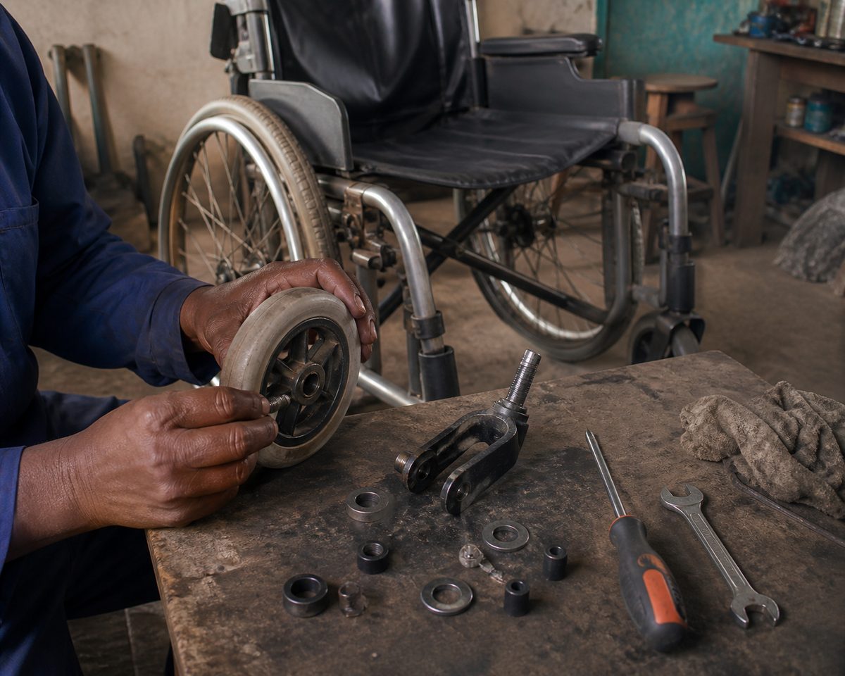 Mobility aid repair shown in a household setting in Ethiopia