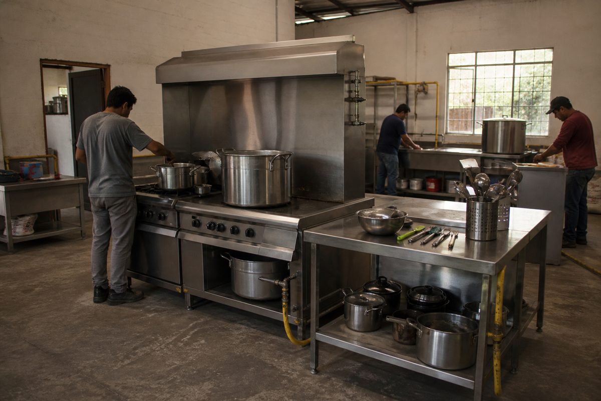 Community kitchen equipment with practical materials at a small worksite