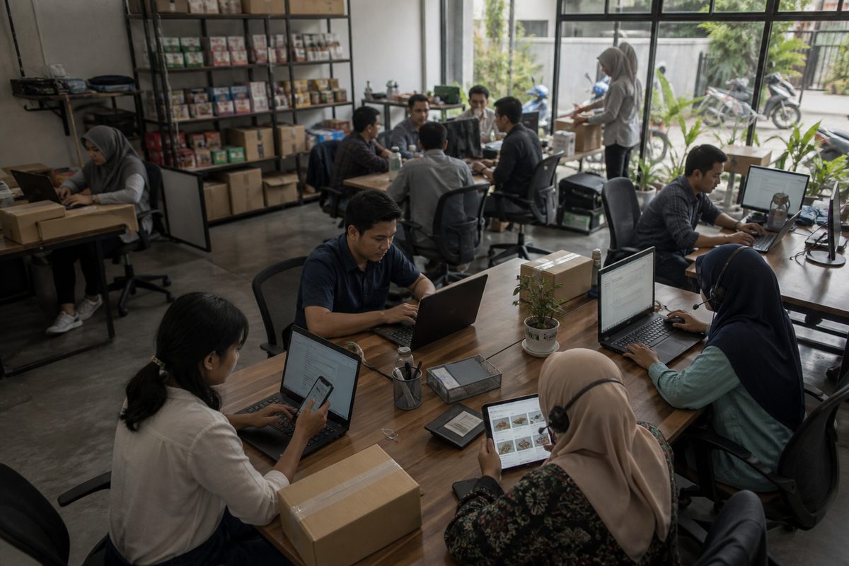 Regional digital marketplace shown at a village service point in Indonesia