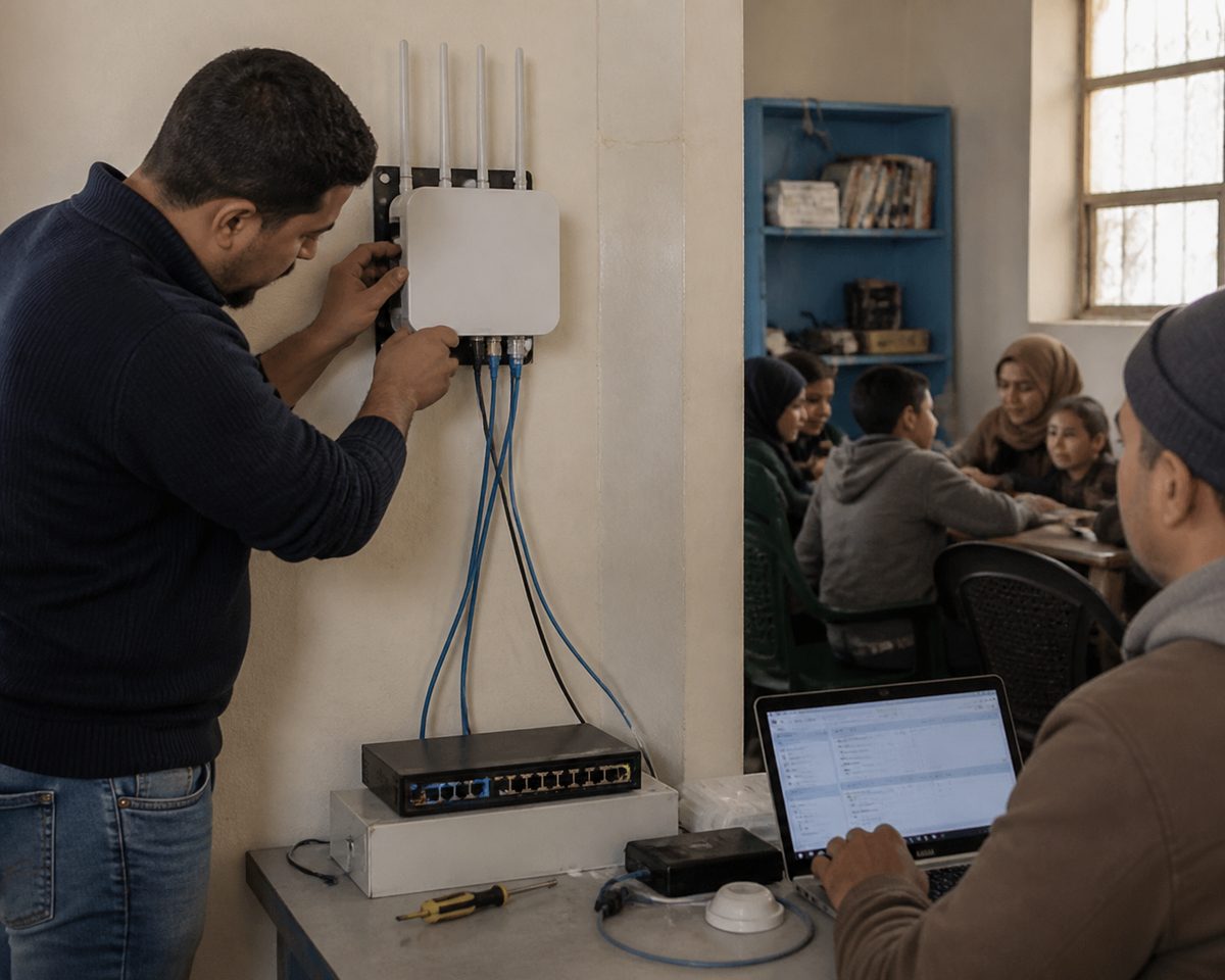 Community WiFi node shown at a local shop in Morocco