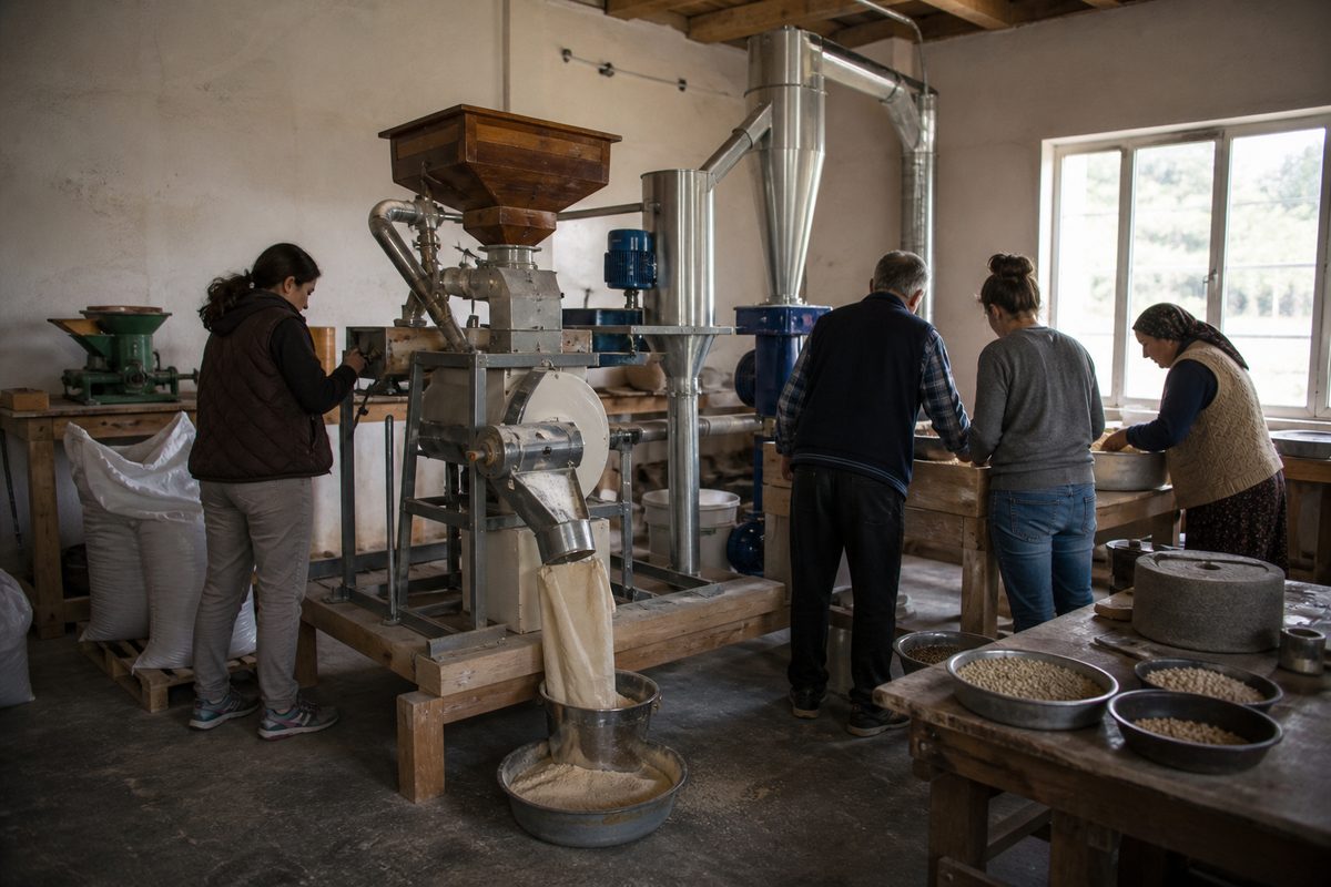 Community grain mill shown inside a working local workshop