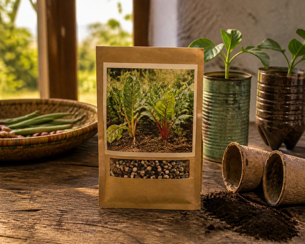 Heirloom seed packet arranged with practical materials in Kenya