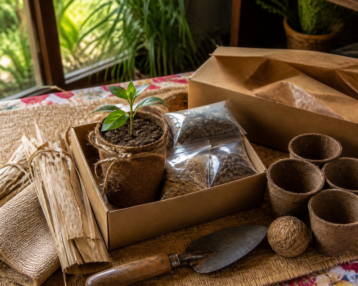 Pollinator garden kit with related small tools and materials nearby
