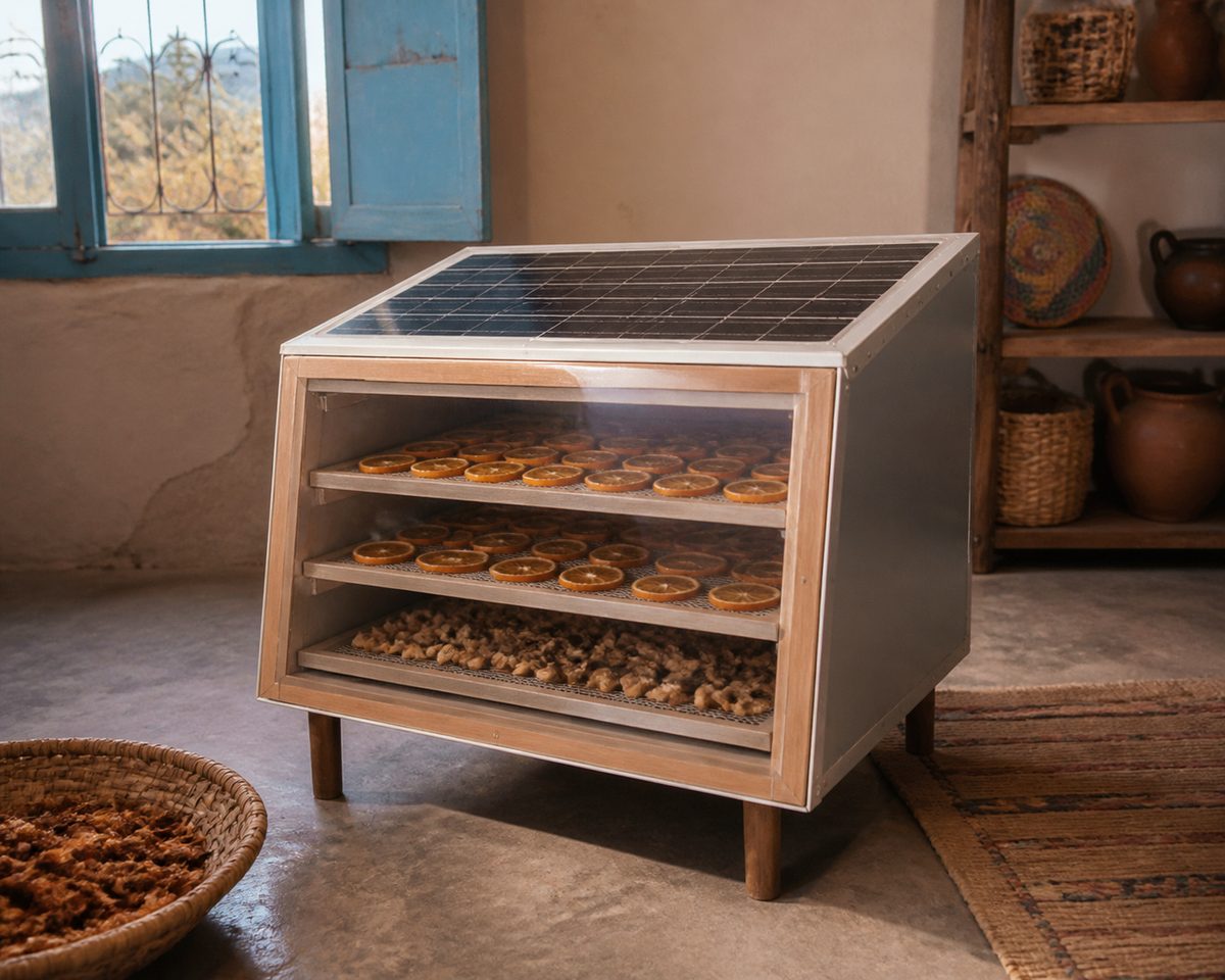 Solar fruit dryer shown in a household setting in Morocco