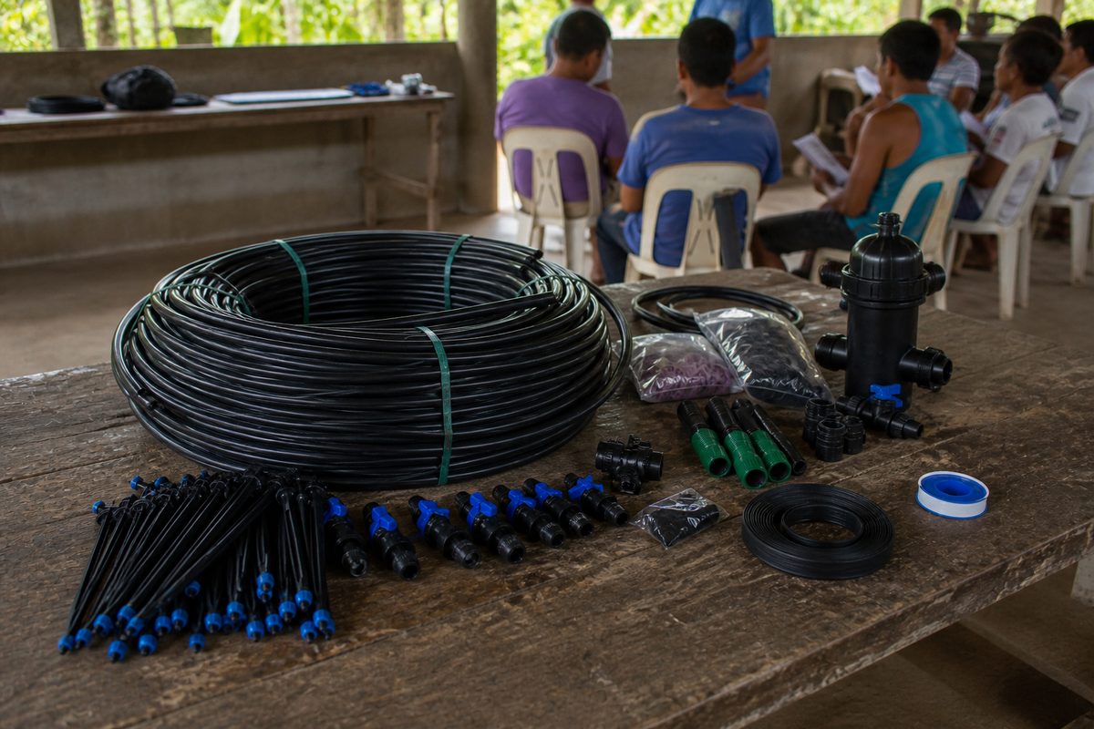 Drip irrigation bundle arranged at a practical service counter in the Philippines