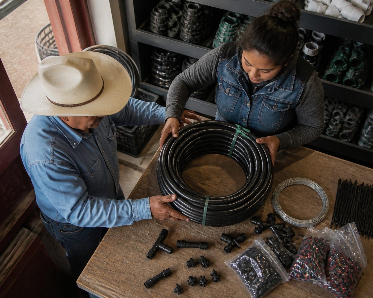 Drip irrigation bundle arranged at a practical service counter in Mexico