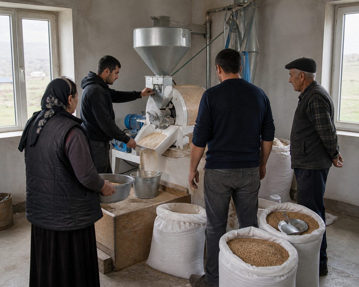Community grain mill shown at a local shop in Georgia