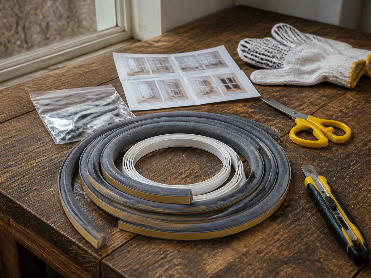 Home weather seal kit with related small tools and materials nearby