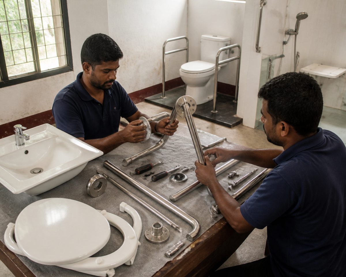 Accessible bathroom retrofit arranged at a small business service area in Sri Lanka