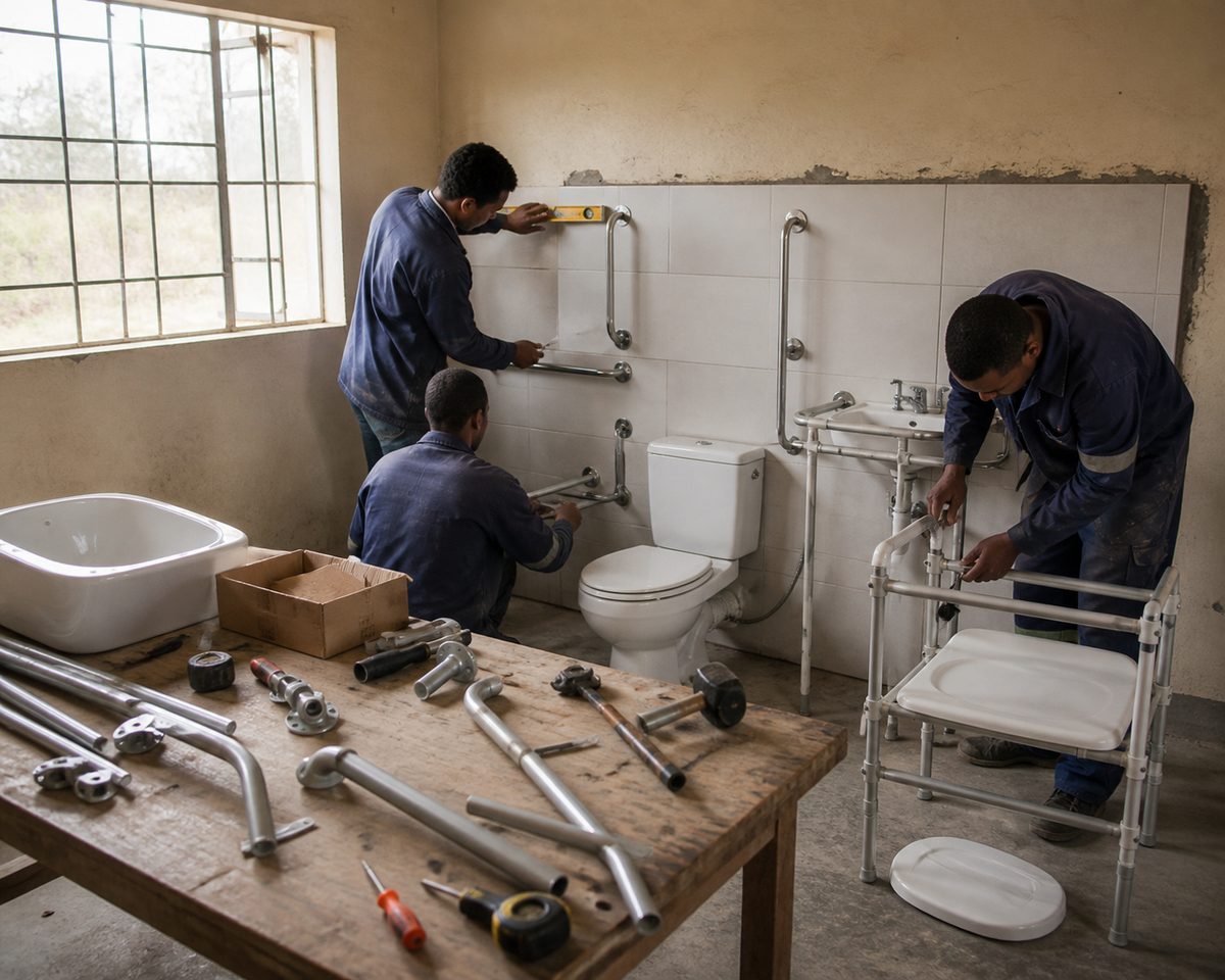 Accessible bathroom retrofit shown in a shared community workspace