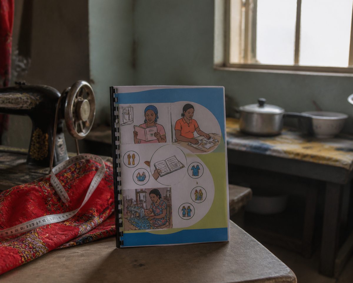 One learner workbook arranged with practical materials in Tanzania