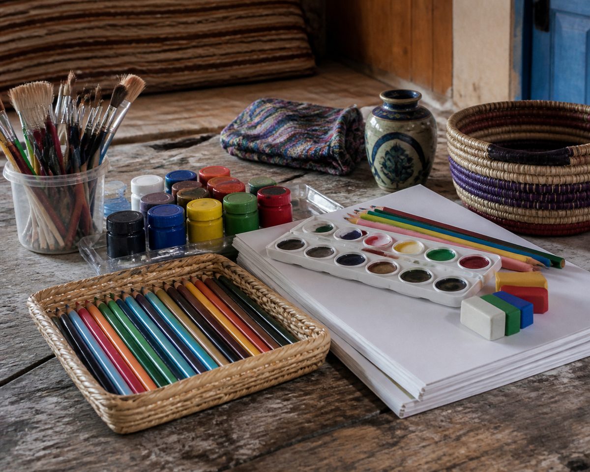 School art supply set with related small tools and materials nearby