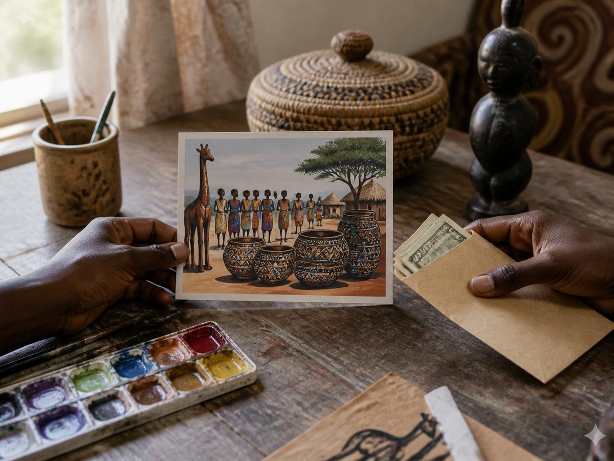 Handmade postcard with related small tools and materials nearby