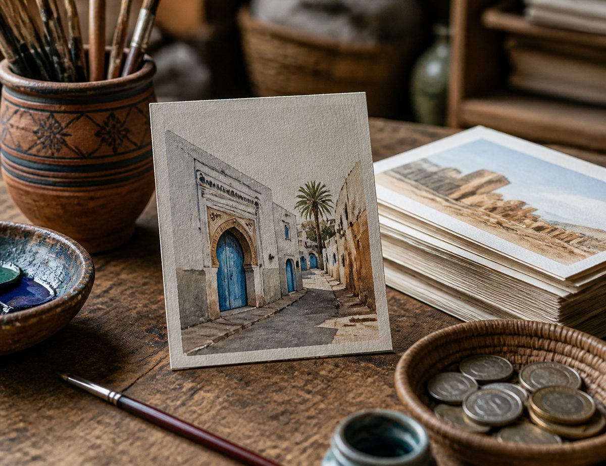 Handmade postcard shown in a household setting in Morocco