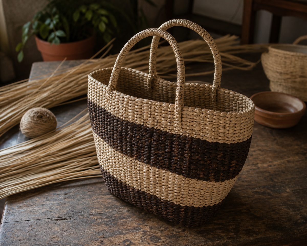 Woven market tote shown in a household setting in Mexico