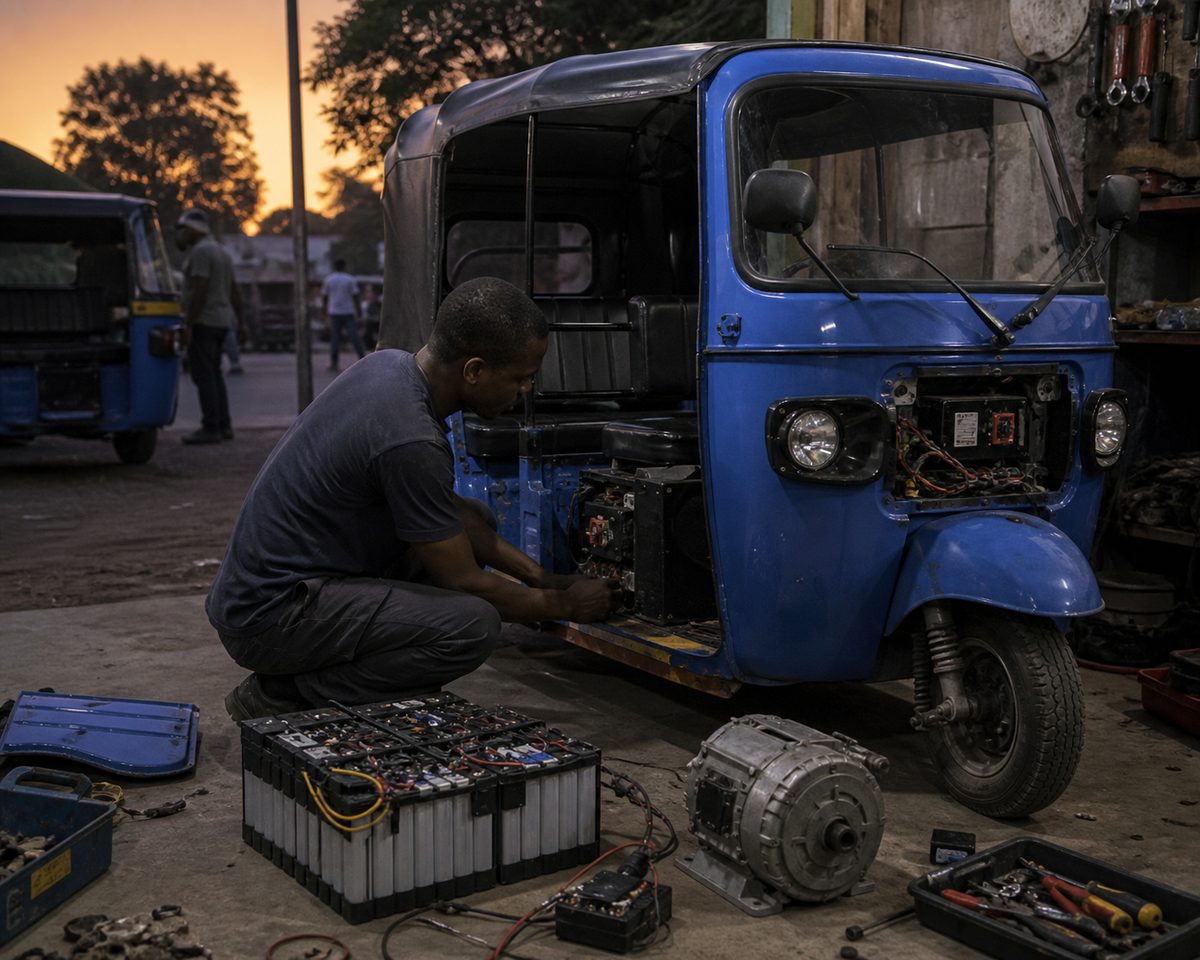 Electric tuk tuk conversion with tools and equipment for small scale delivery