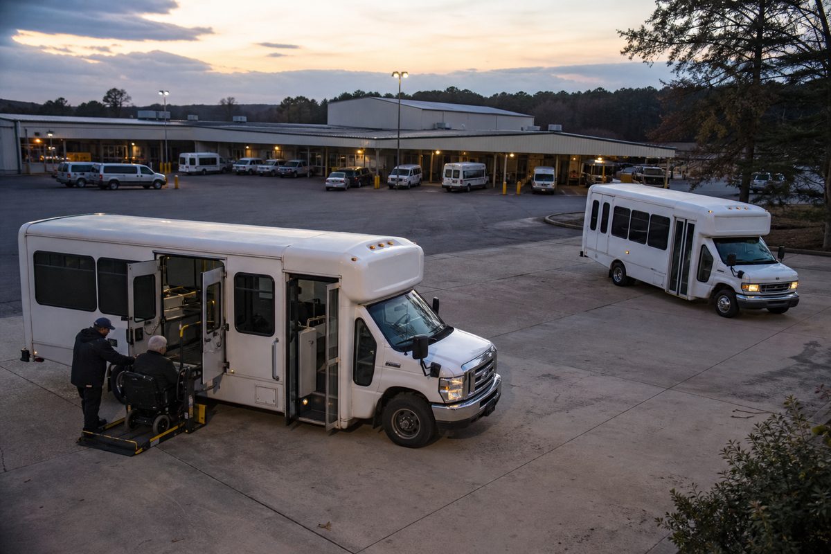 Accessible community shuttle with facilities for coordinated local support