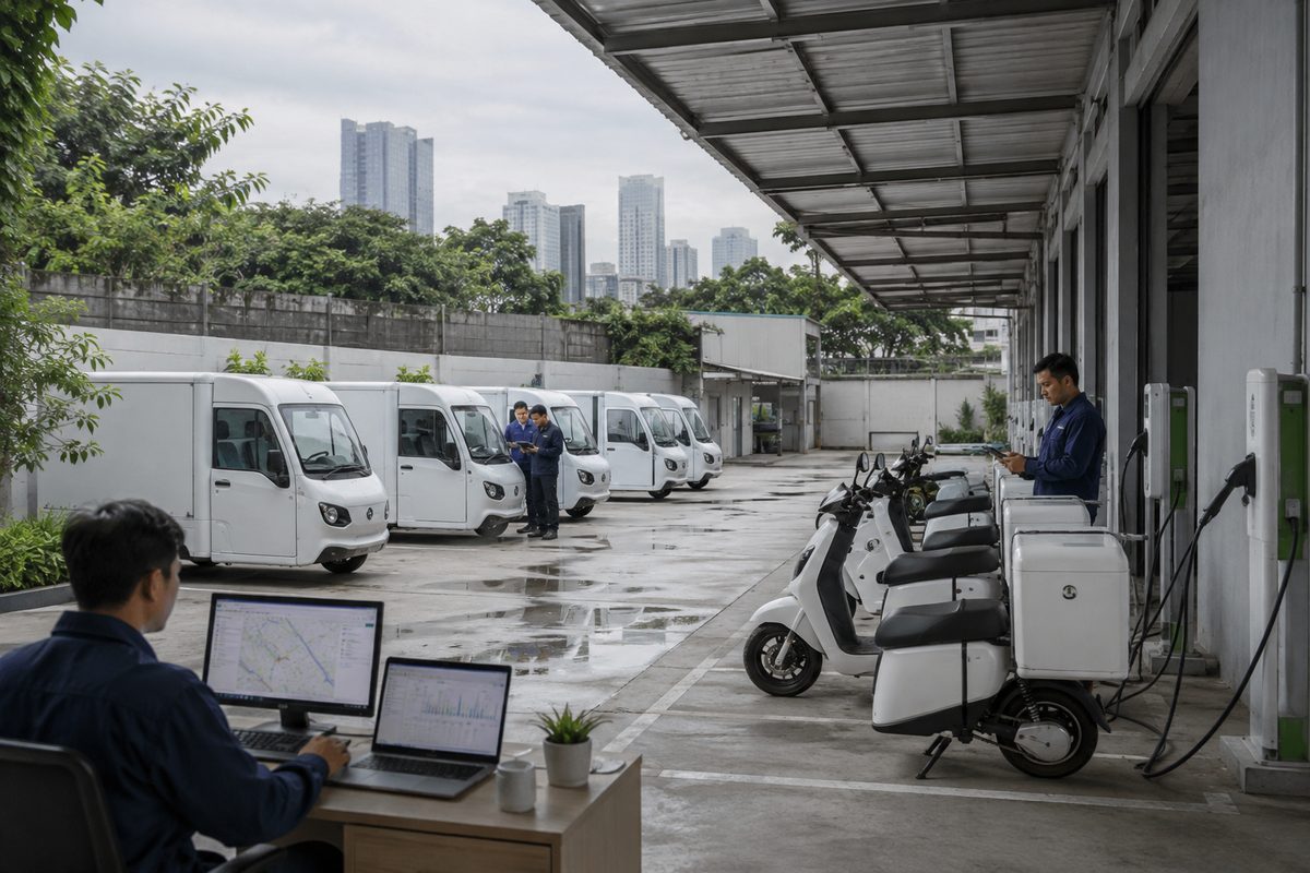 Clean delivery fleet shown across a district service hub