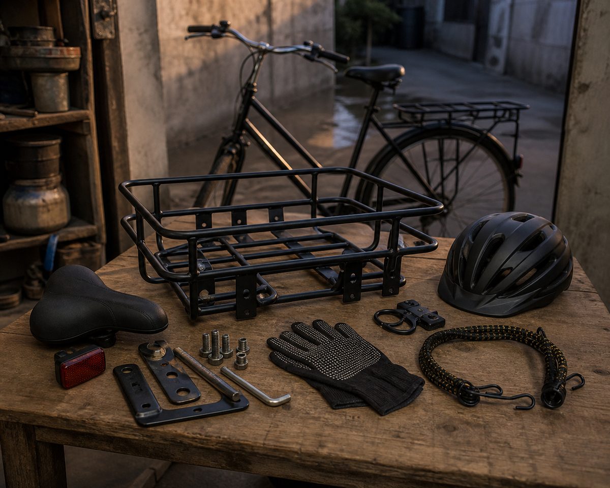 Cargo bicycle kit with related small tools and materials nearby
