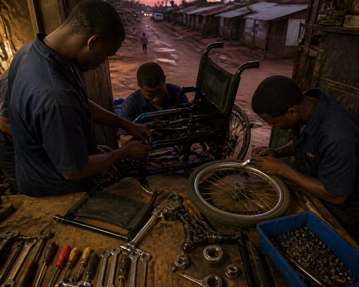 Wheelchair repair station shown at a local shop in Kenya