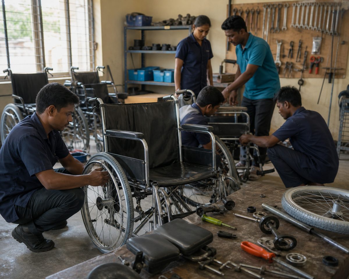 Wheelchair repair station with tools and equipment for small scale delivery