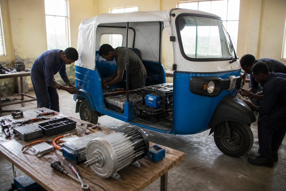 Electric tuk tuk conversion arranged for neighborhood use in Ethiopia
