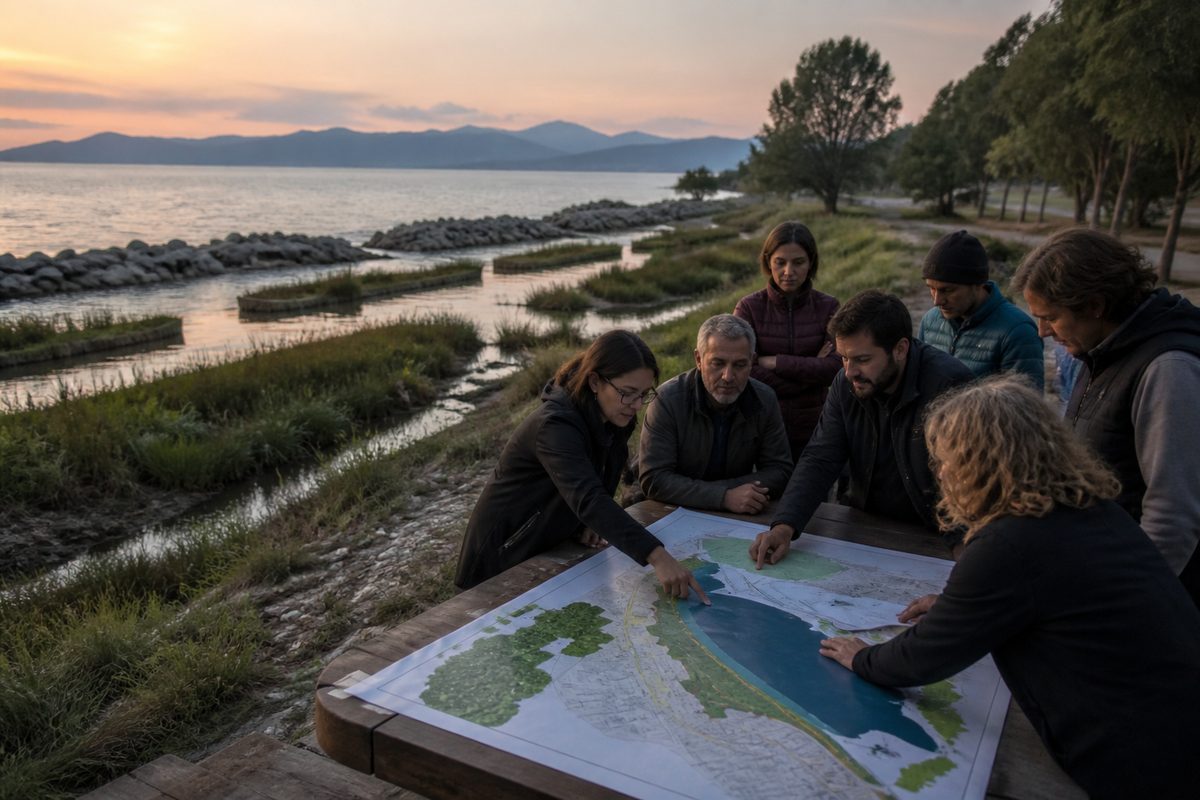 Coastal resilience project with community equipment and local operators nearby