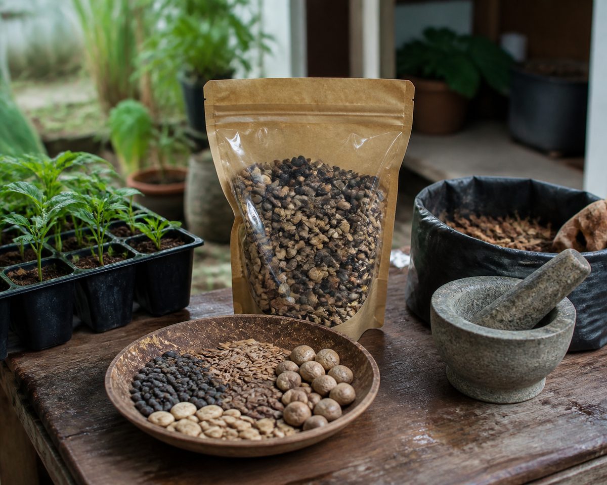 Native seed mix with related small tools and materials nearby