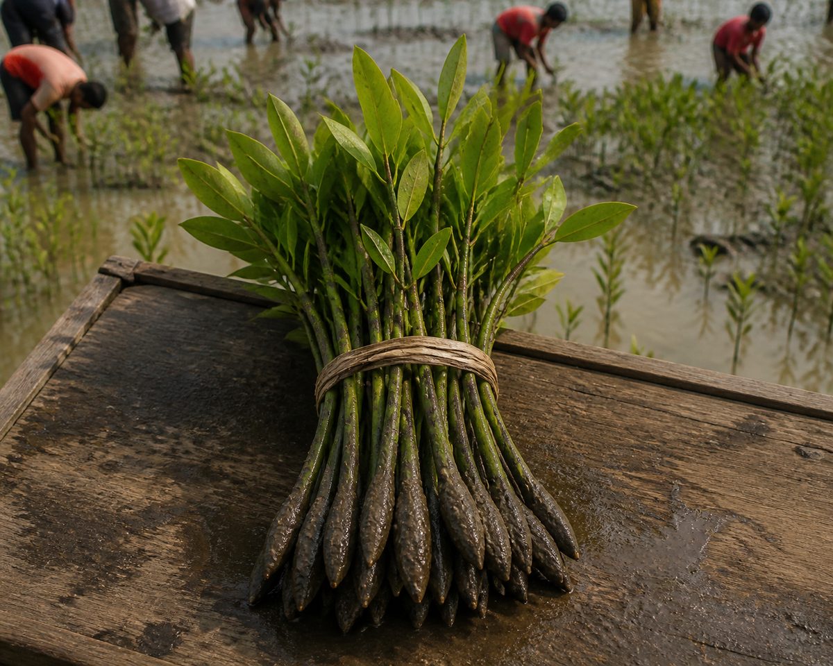 Mangrove seedling bundle shown as a single practical object in India