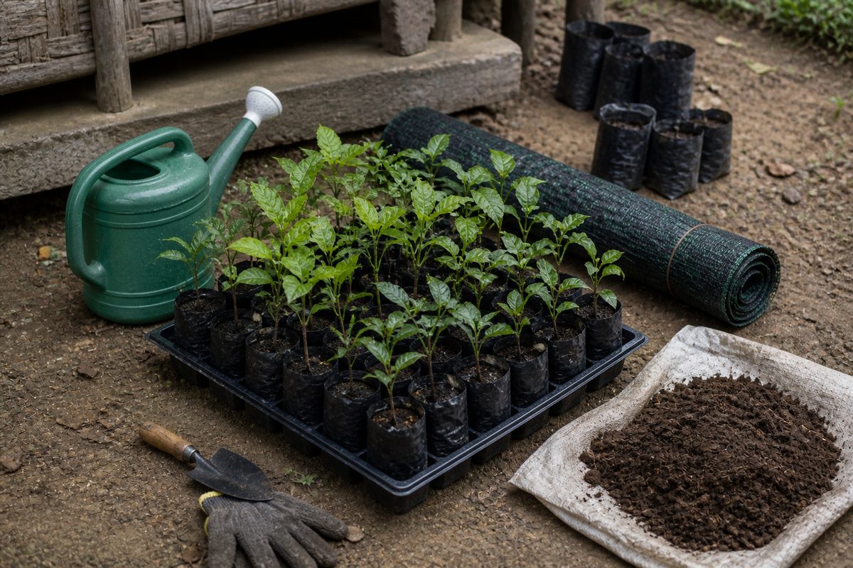 Community tree nursery with related small tools and materials nearby