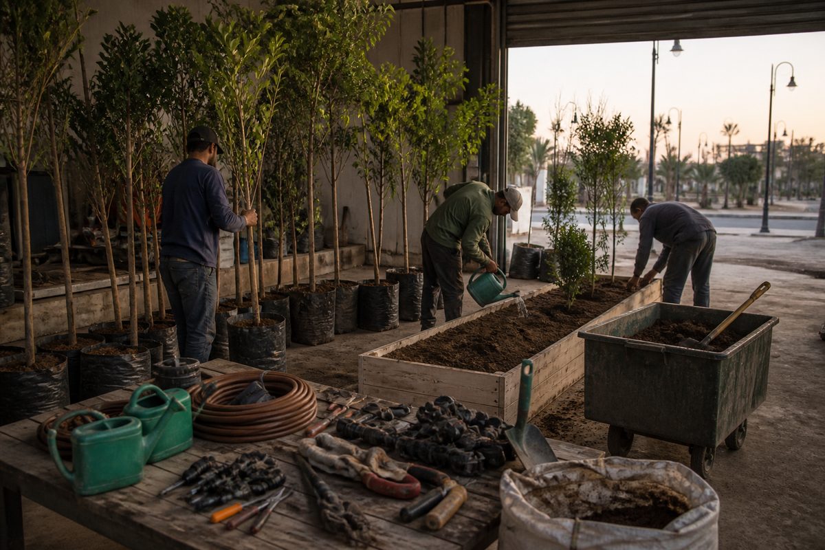 Urban shade corridor with tools and equipment for small scale delivery