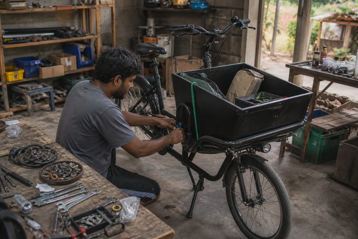 Neighborhood delivery bike arranged for neighborhood use in Sri Lanka