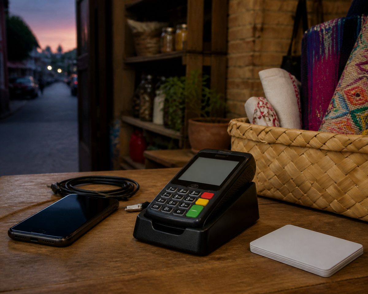 Mobile payment starter arranged with practical materials in Mexico