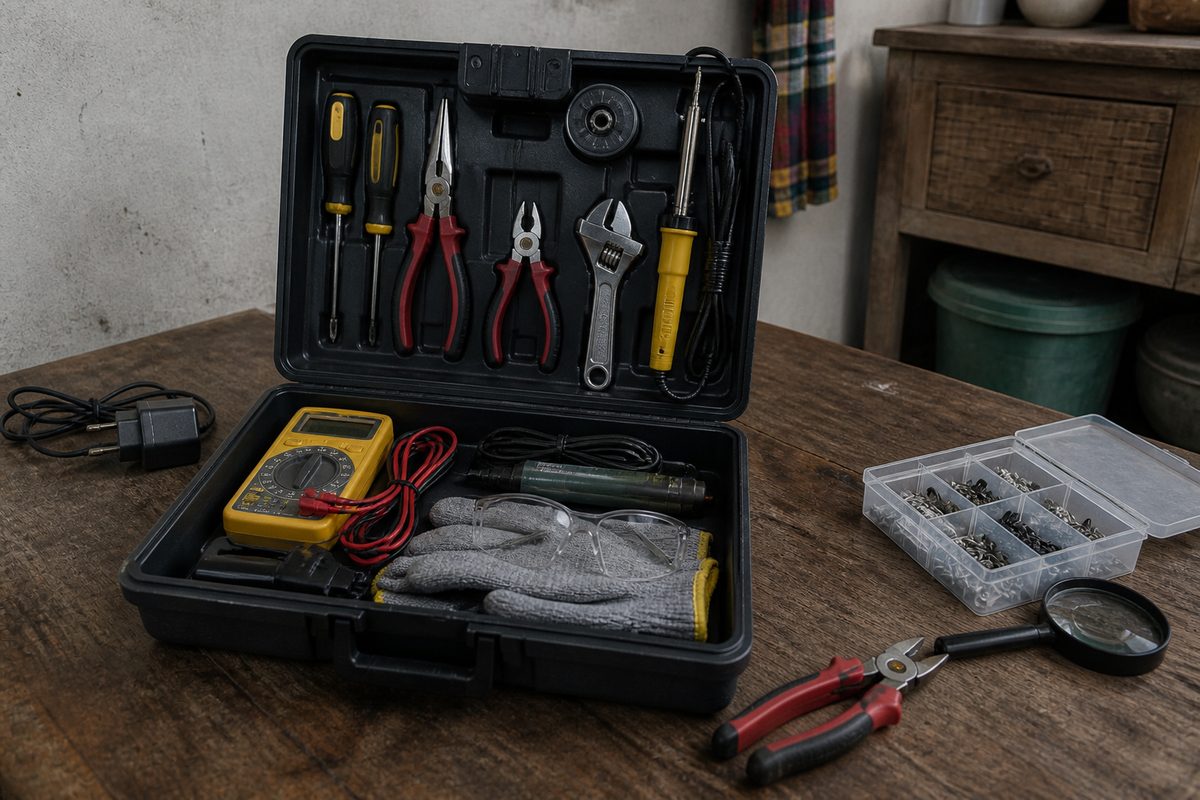 Repair shop tool box shown in a household setting in Indonesia