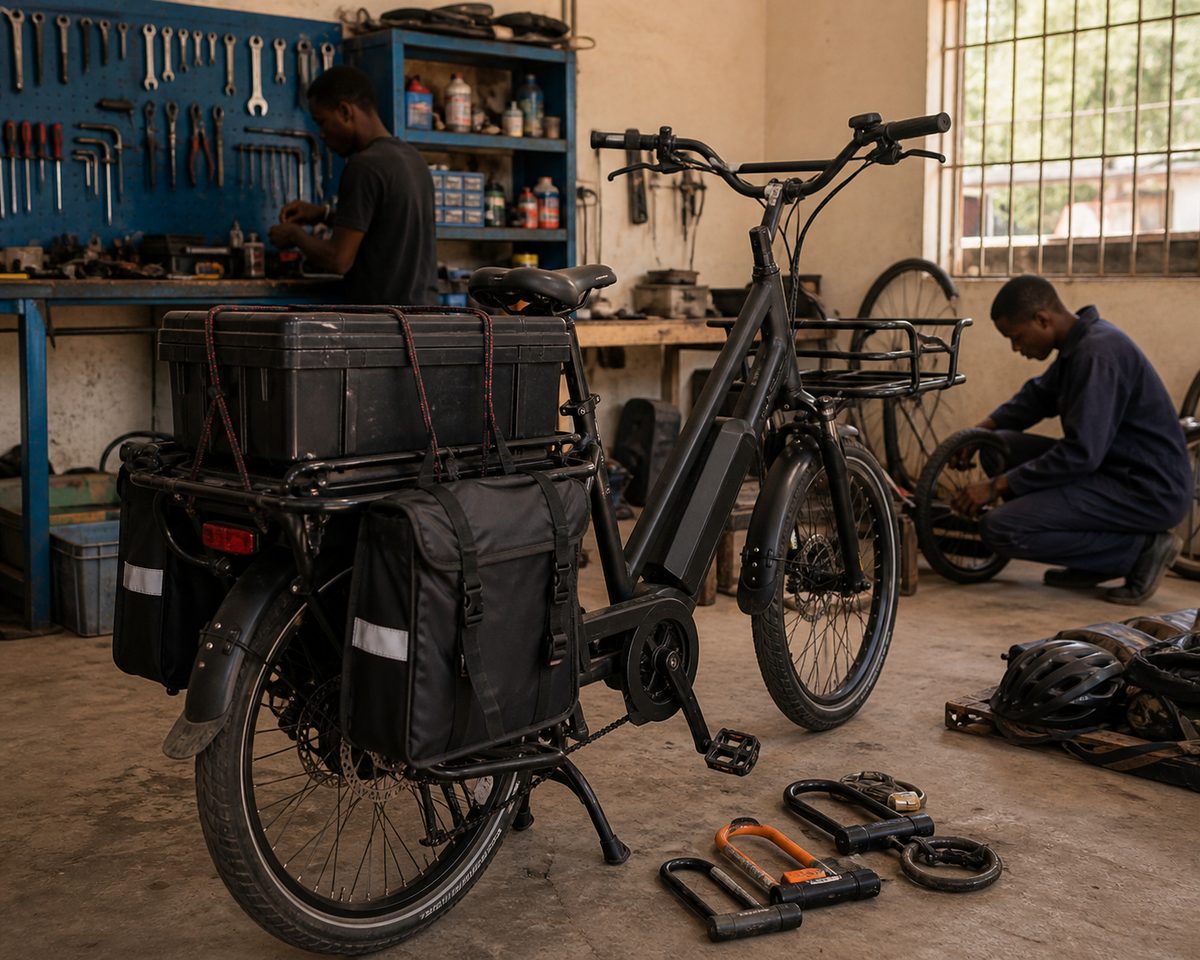 Neighborhood delivery bike shown inside a working local workshop