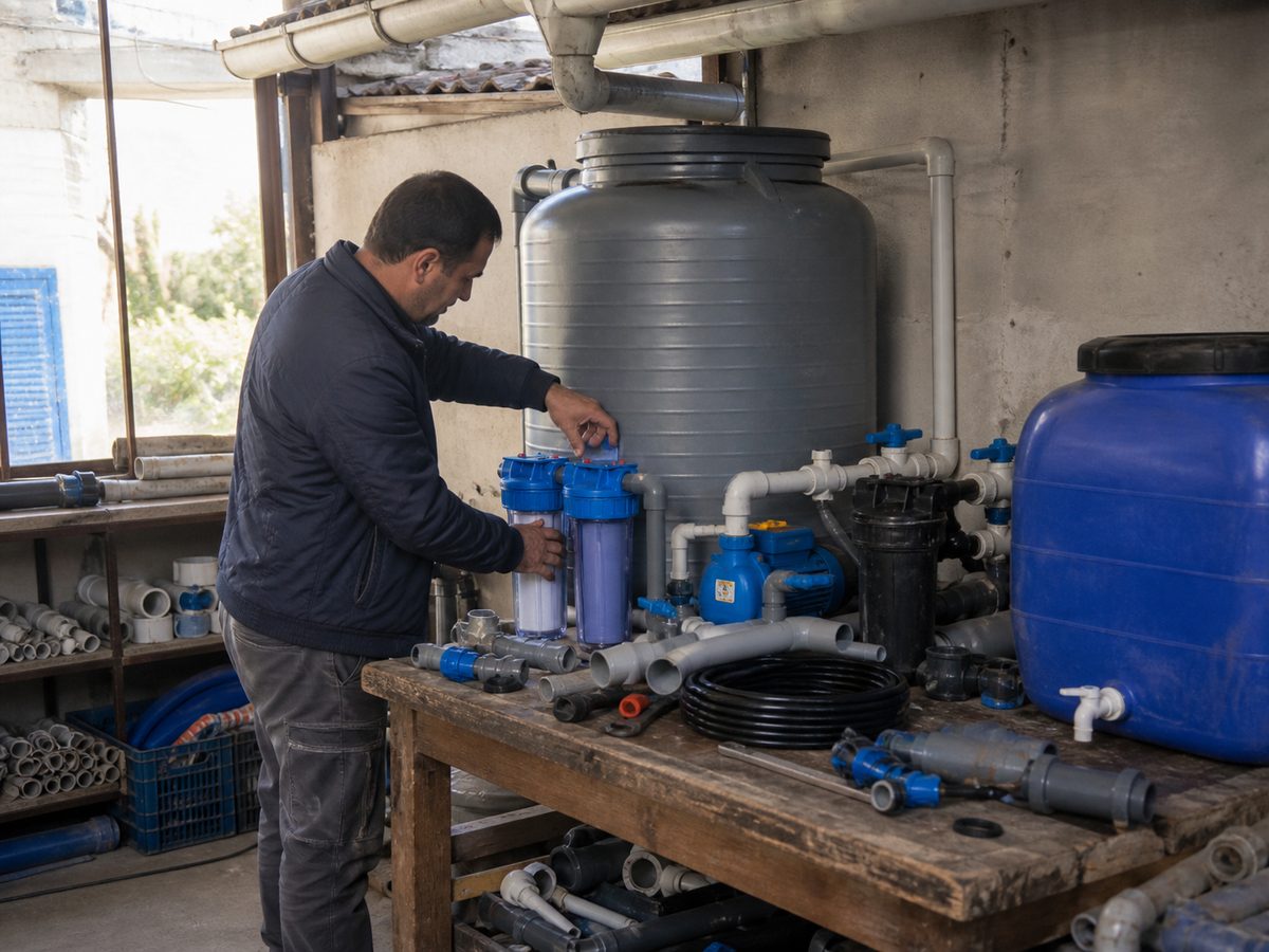 Rainwater capture system with tools and equipment for small scale delivery